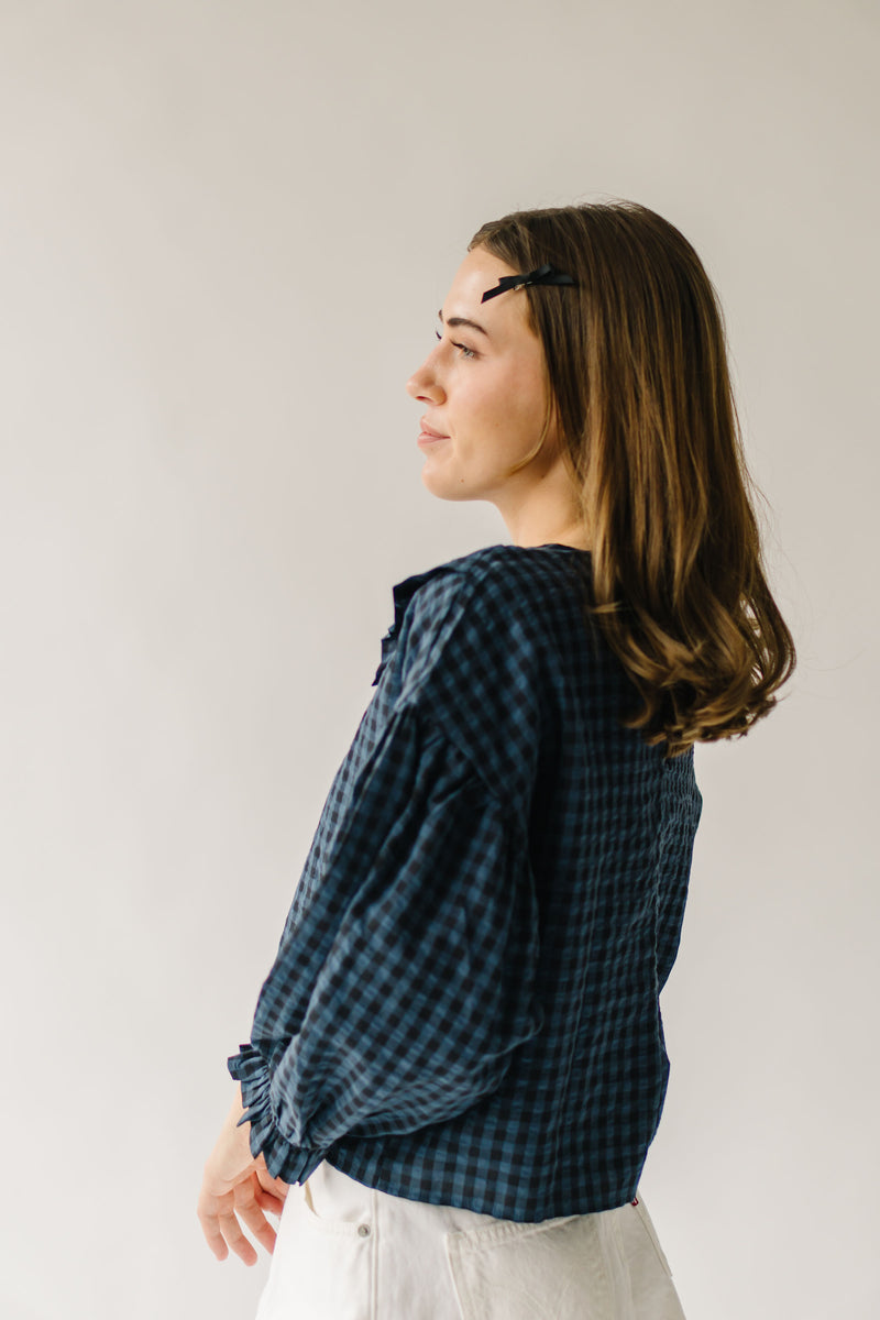 The Torman Gingham Ruffle Blouse in Navy