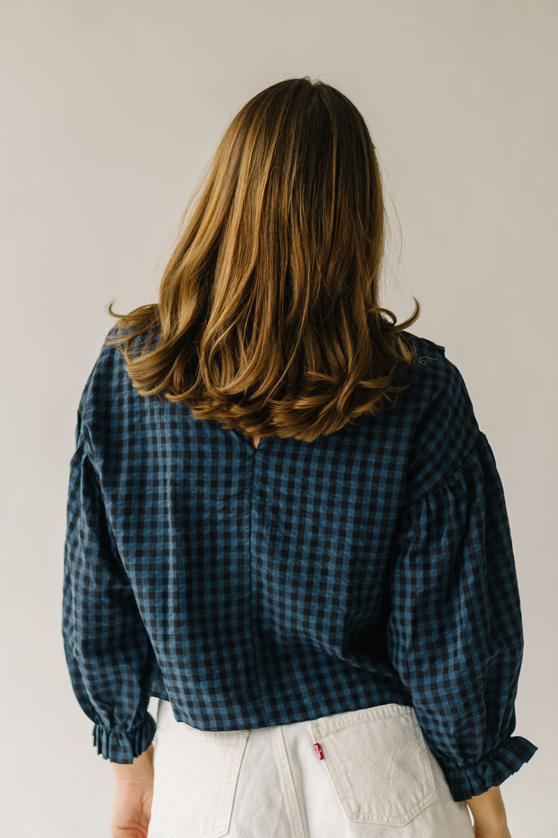 The Torman Gingham Ruffle Blouse in Navy