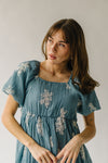 The Bamberg Embroidered Bubble Sleeve Dress in Dusty Blue