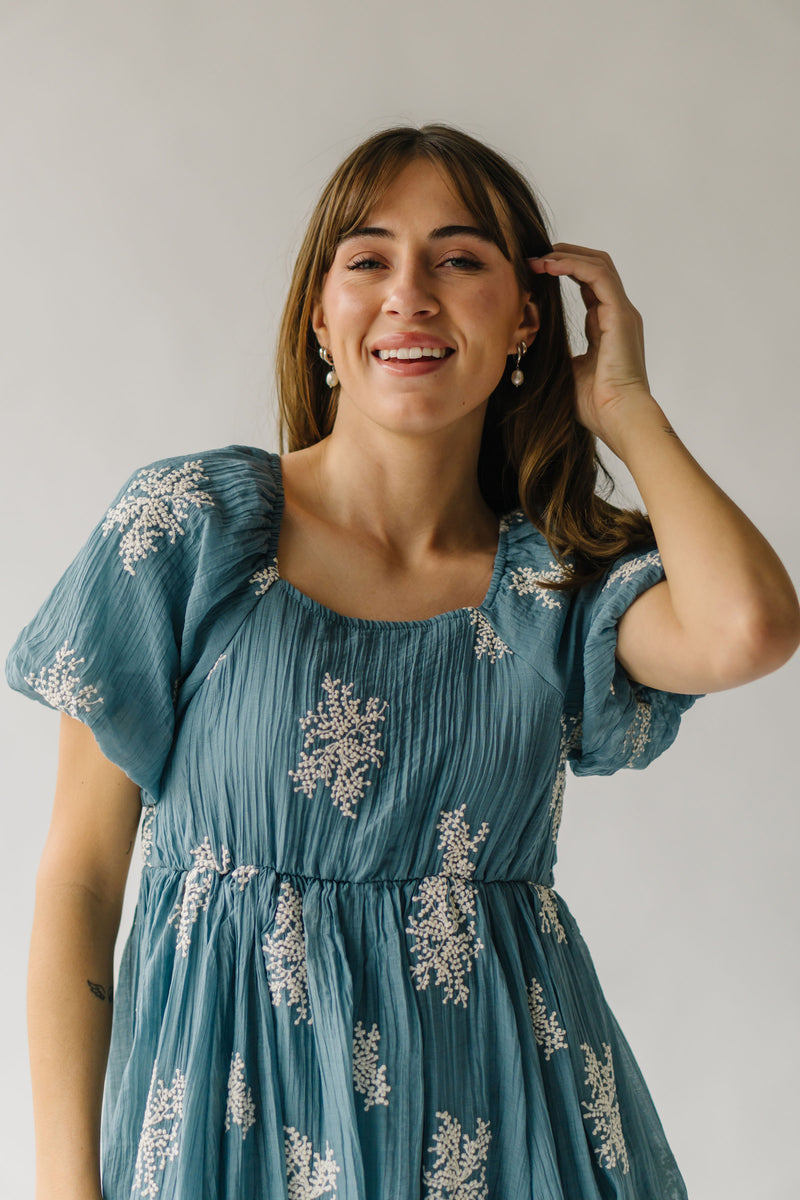 The Bamberg Embroidered Bubble Sleeve Dress in Dusty Blue