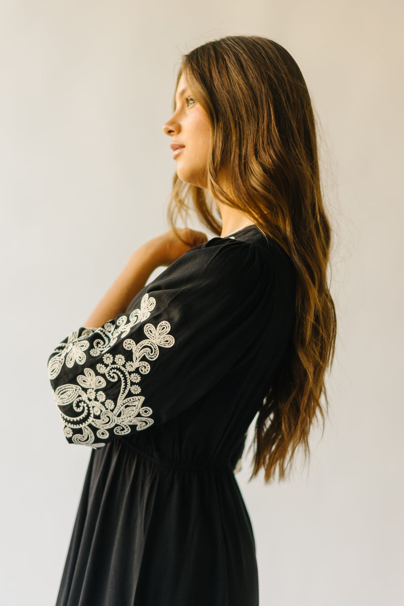 The Trimble Embroidered Midi Dress in Black