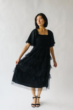 The Gunther Tulle Ruffle Midi Dress in Black