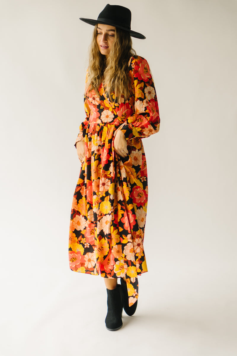 The Henrico Floral Bubble Sleeve Midi Dress in Night Garden