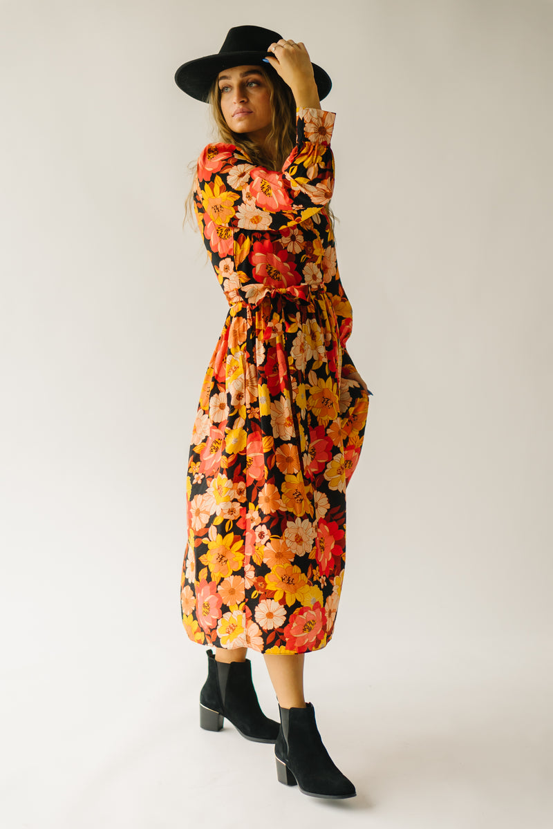 The Henrico Floral Bubble Sleeve Midi Dress in Night Garden