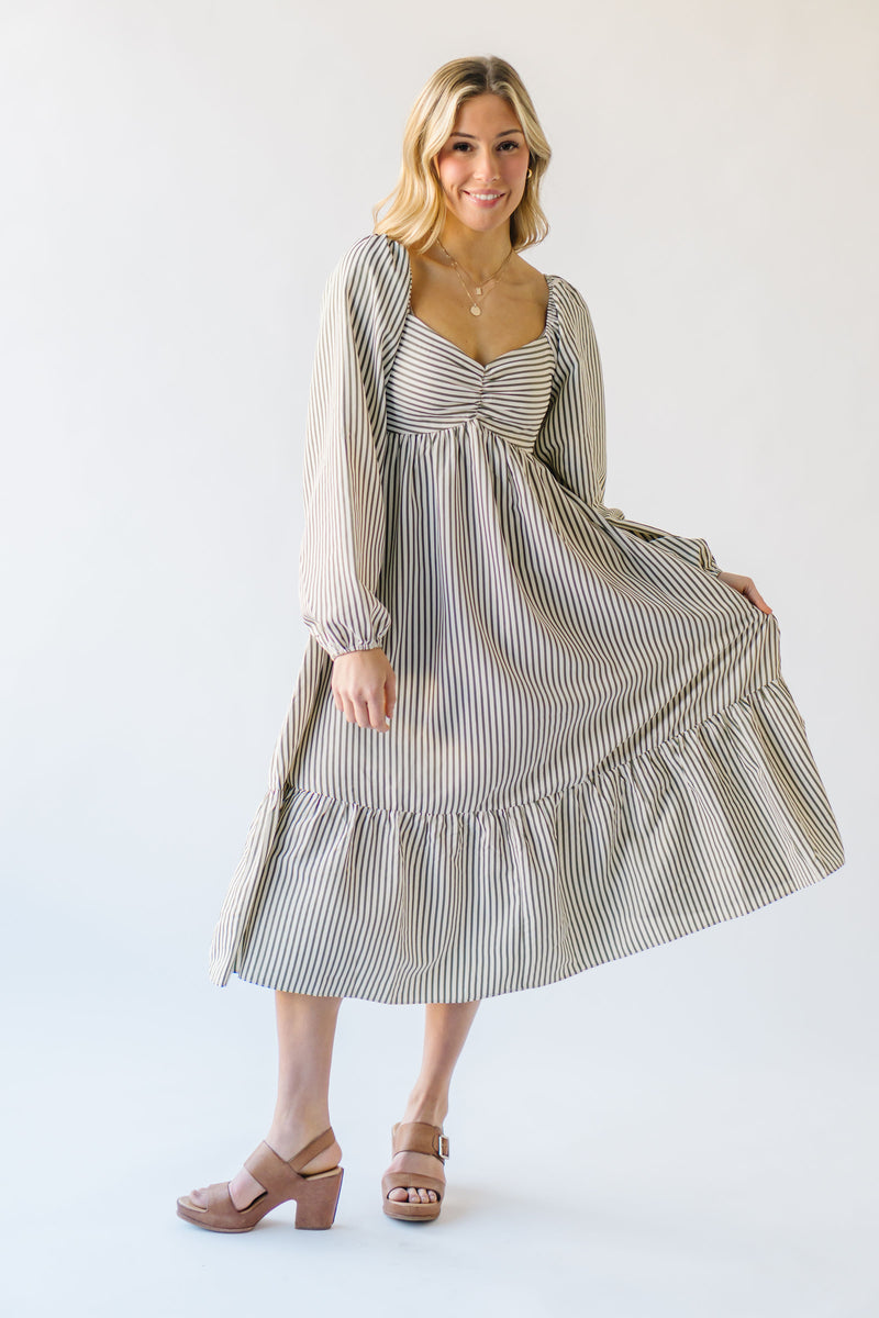 The Kaye Striped Puff Sleeve Dress in Olive + Ivory