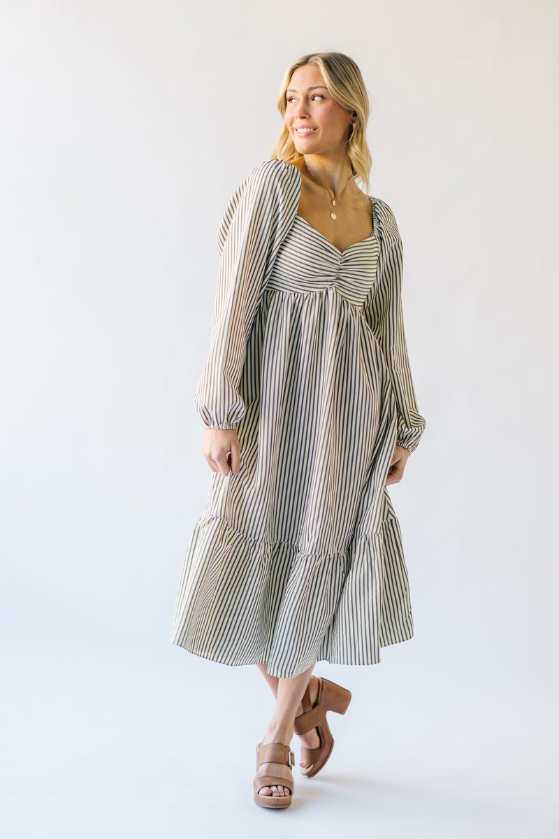 The Kaye Striped Puff Sleeve Dress in Olive + Ivory