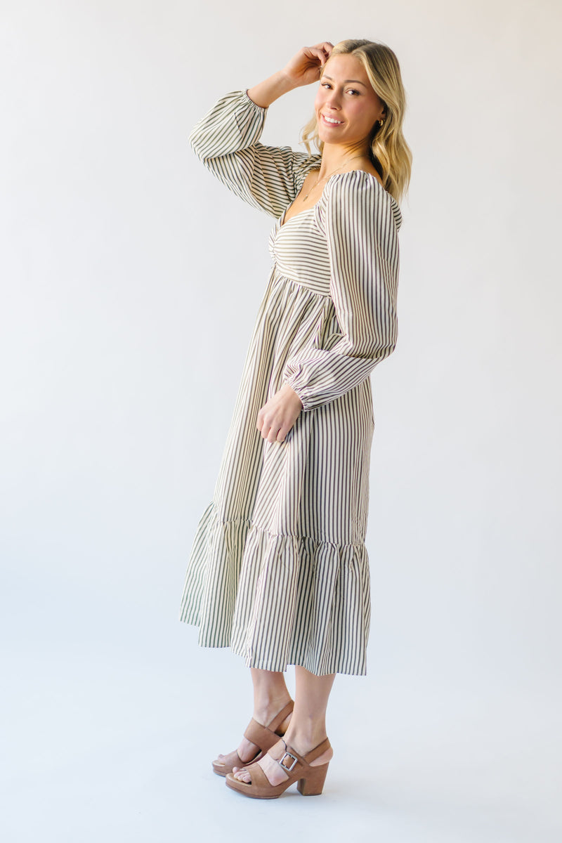 The Kaye Striped Puff Sleeve Dress in Olive + Ivory