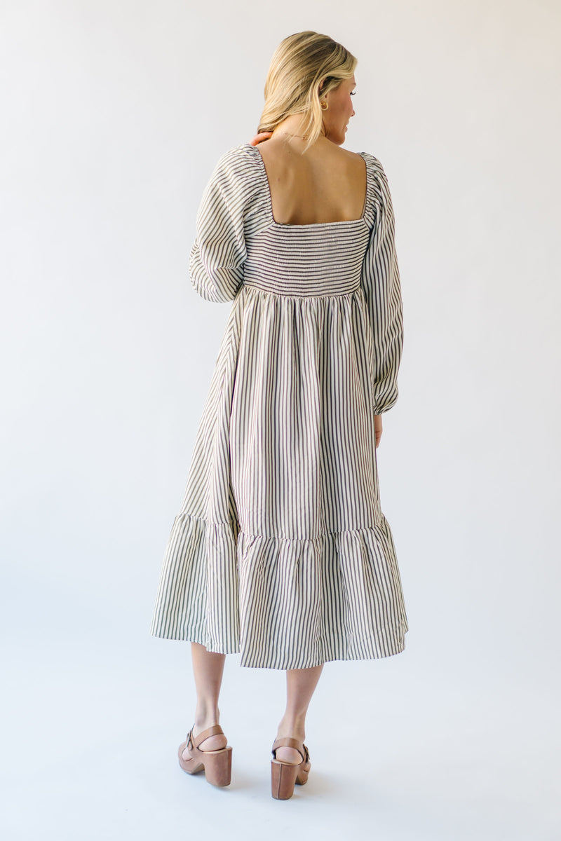 The Kaye Striped Puff Sleeve Dress in Olive + Ivory