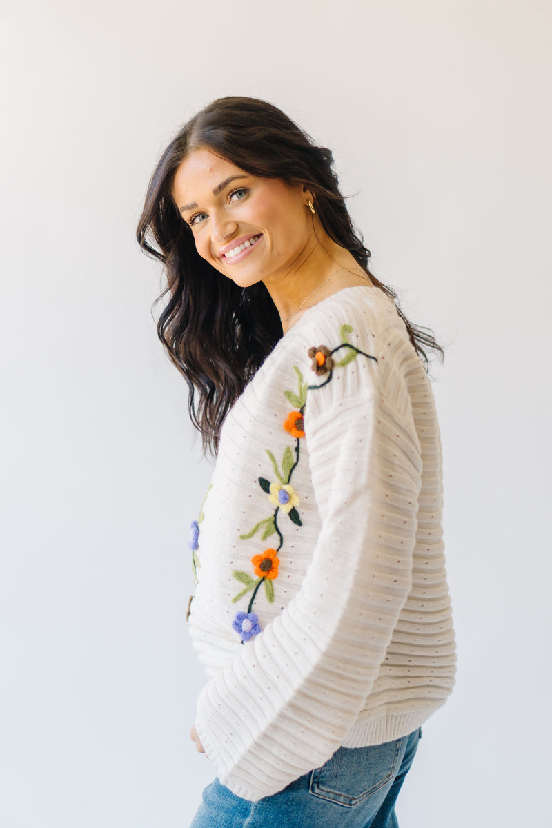 The Elvira Crochet Floral Detail Sweater in Ivory