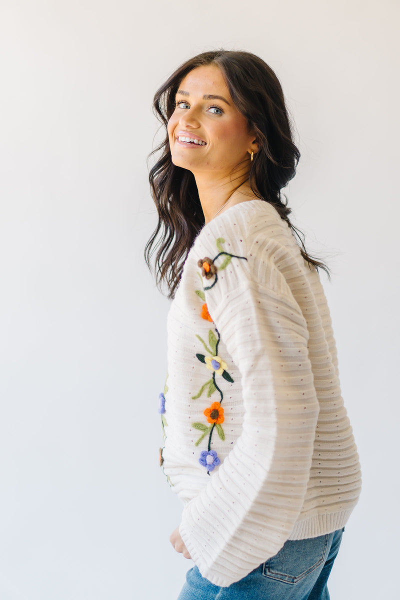 The Elvira Crochet Floral Detail Sweater in Ivory