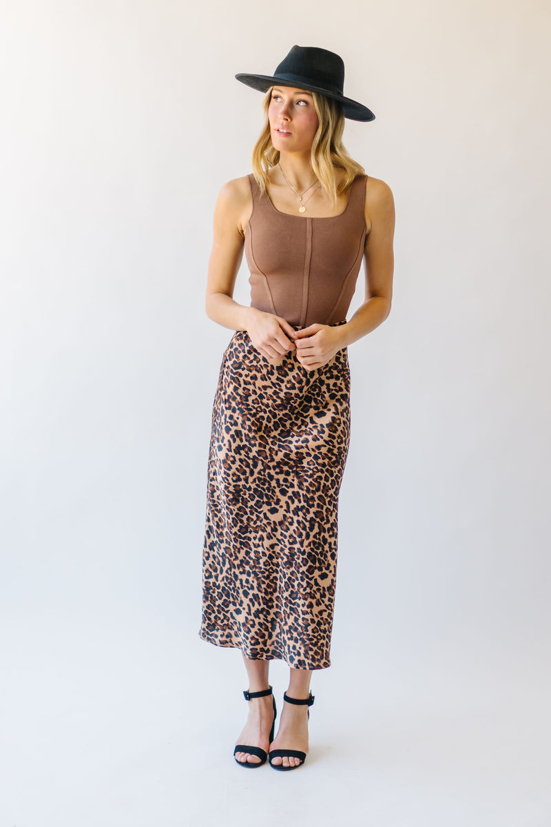 The Zanzibar Satin Midi Skirt in Leopard