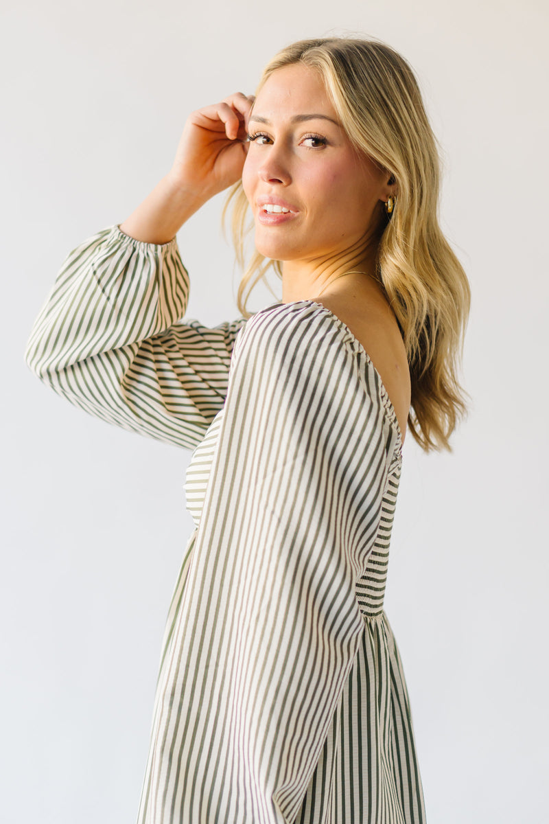 The Kaye Striped Puff Sleeve Dress in Olive + Ivory