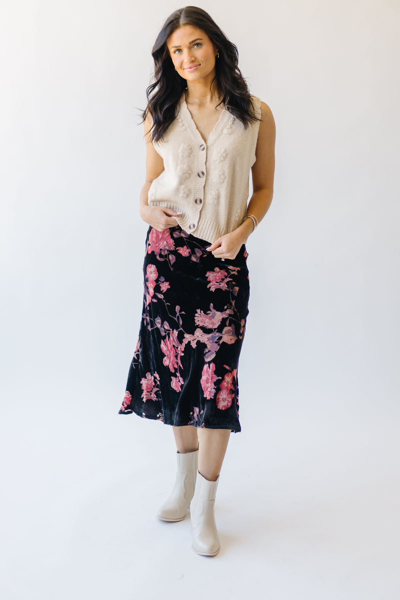 The Armenta Velvet Floral Midi Skirt in Black