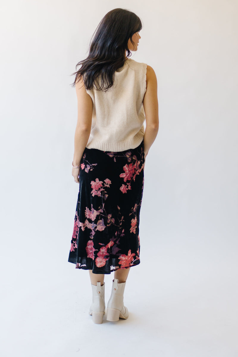 The Armenta Velvet Floral Midi Skirt in Black