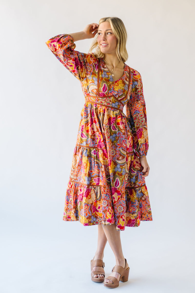 The Renzo Patterned Midi Dress in Brick Floral