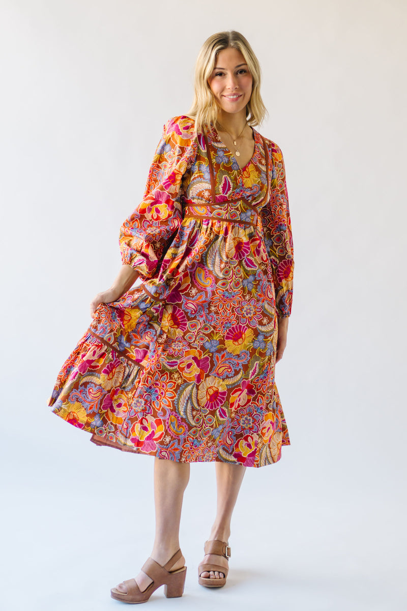 The Renzo Patterned Midi Dress in Brick Floral