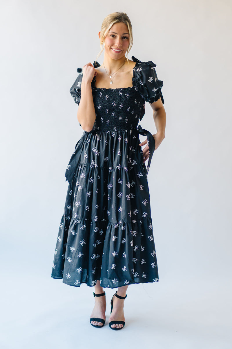 The Forbert Bow Printed Midi Dress in Black