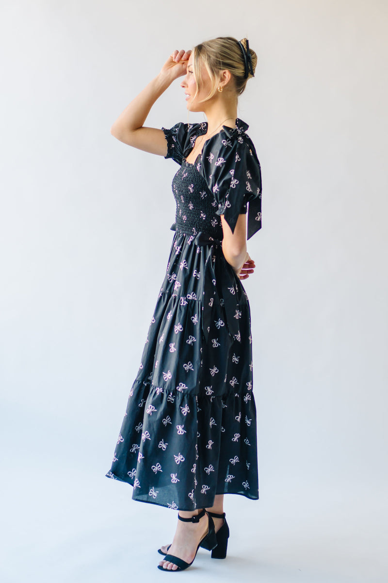 The Forbert Bow Printed Midi Dress in Black