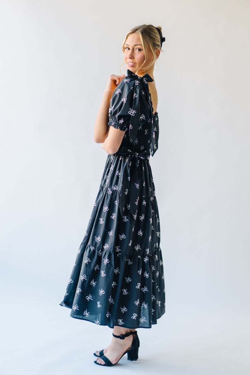 The Forbert Bow Printed Midi Dress in Black