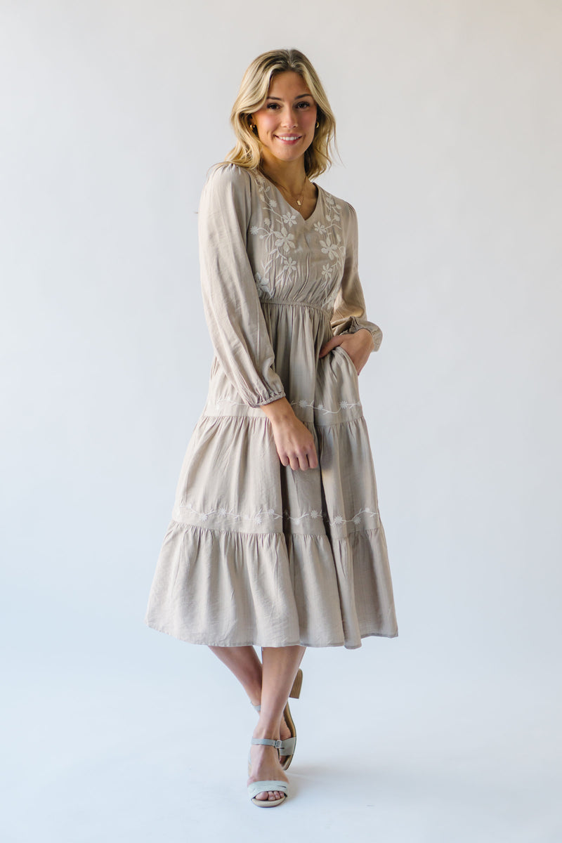 The Landrum Tiered Midi Dress in Beige