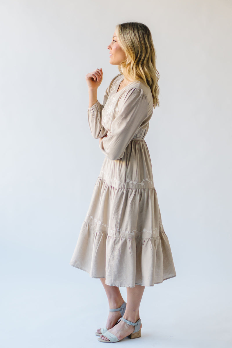 The Landrum Tiered Midi Dress in Beige