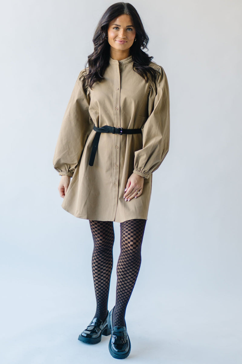 The Kellett Button-Up Puff Sleeve Dress in Taupe