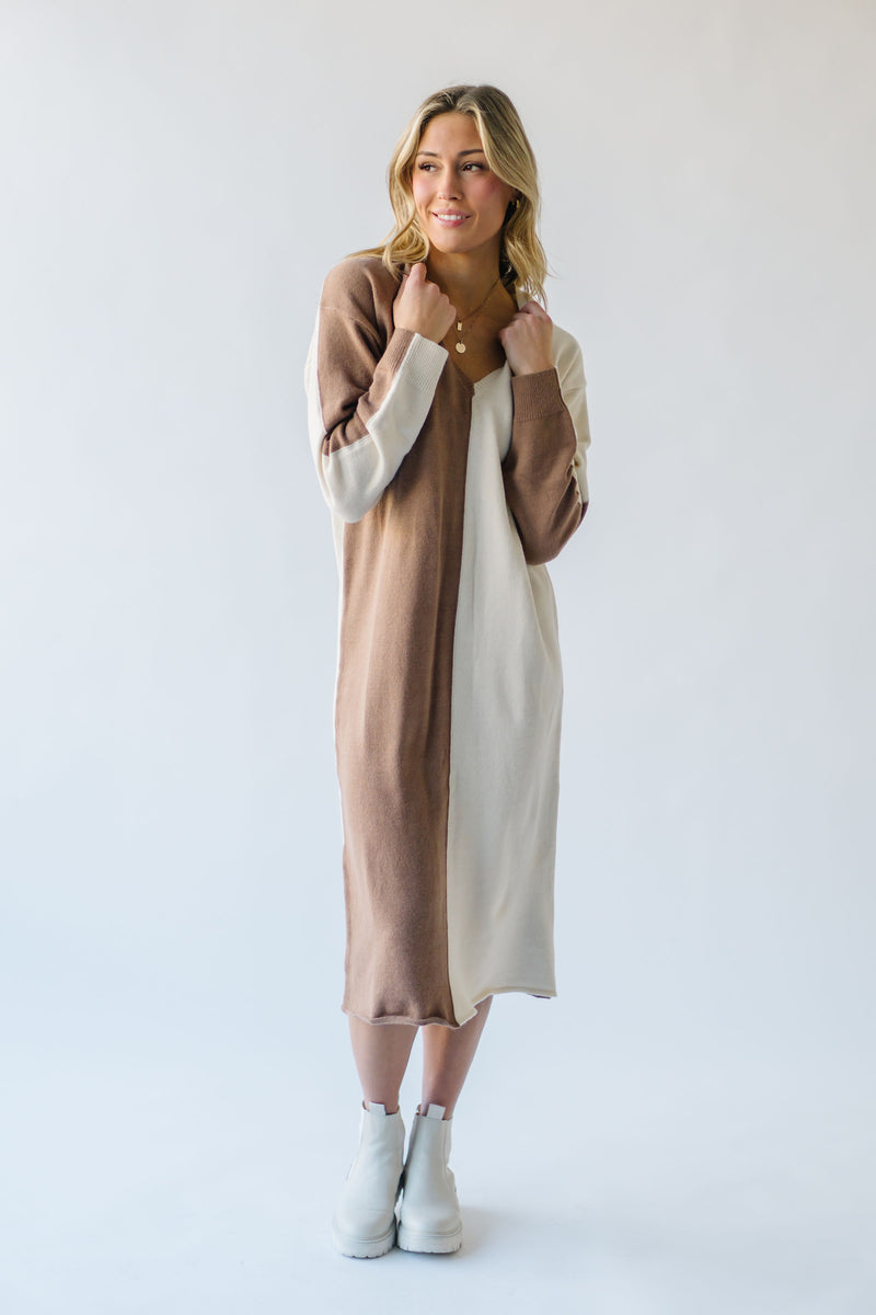 The Lystrup Two-Tone Sweater Dress in Mocha + Cream