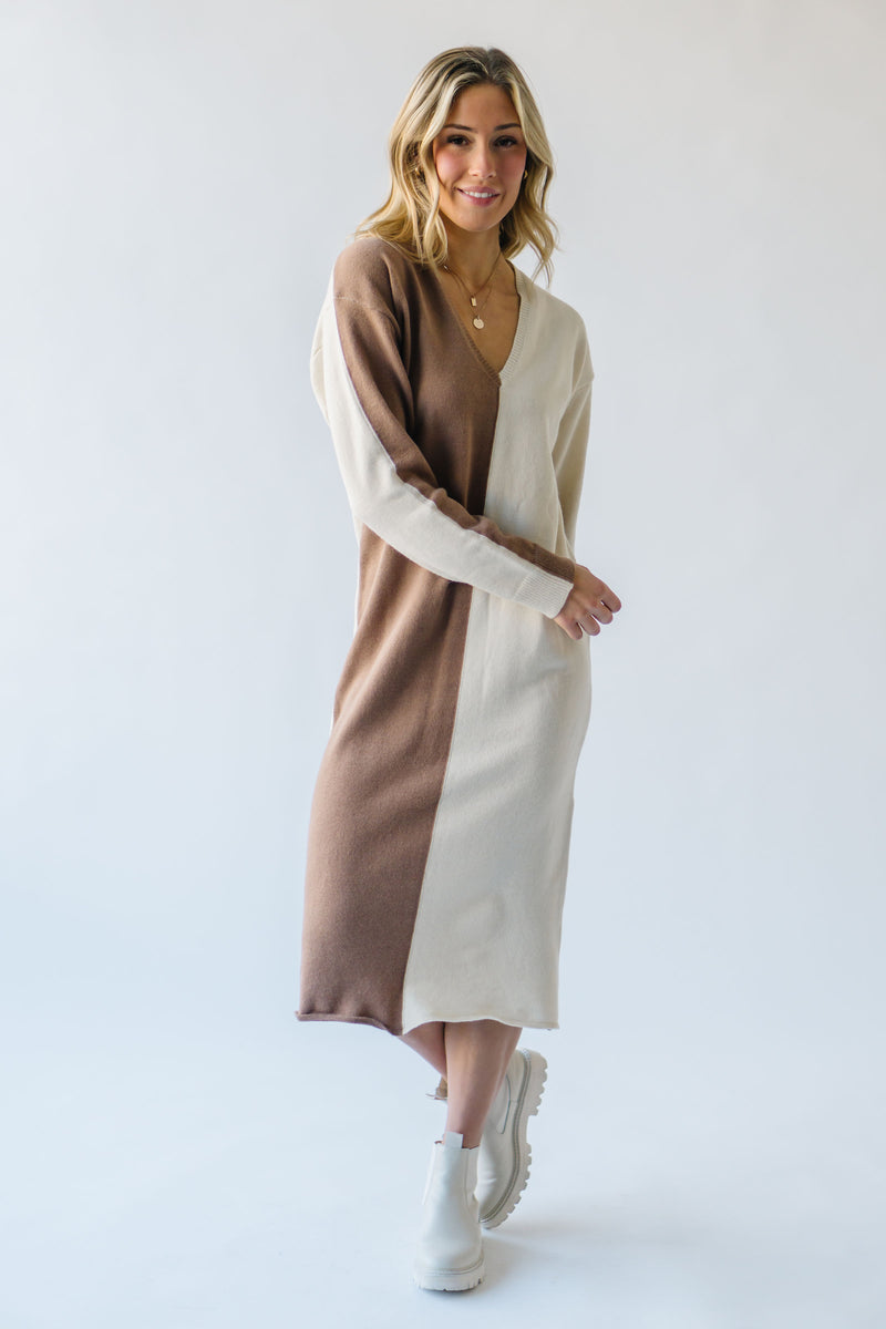 The Lystrup Two-Tone Sweater Dress in Mocha + Cream