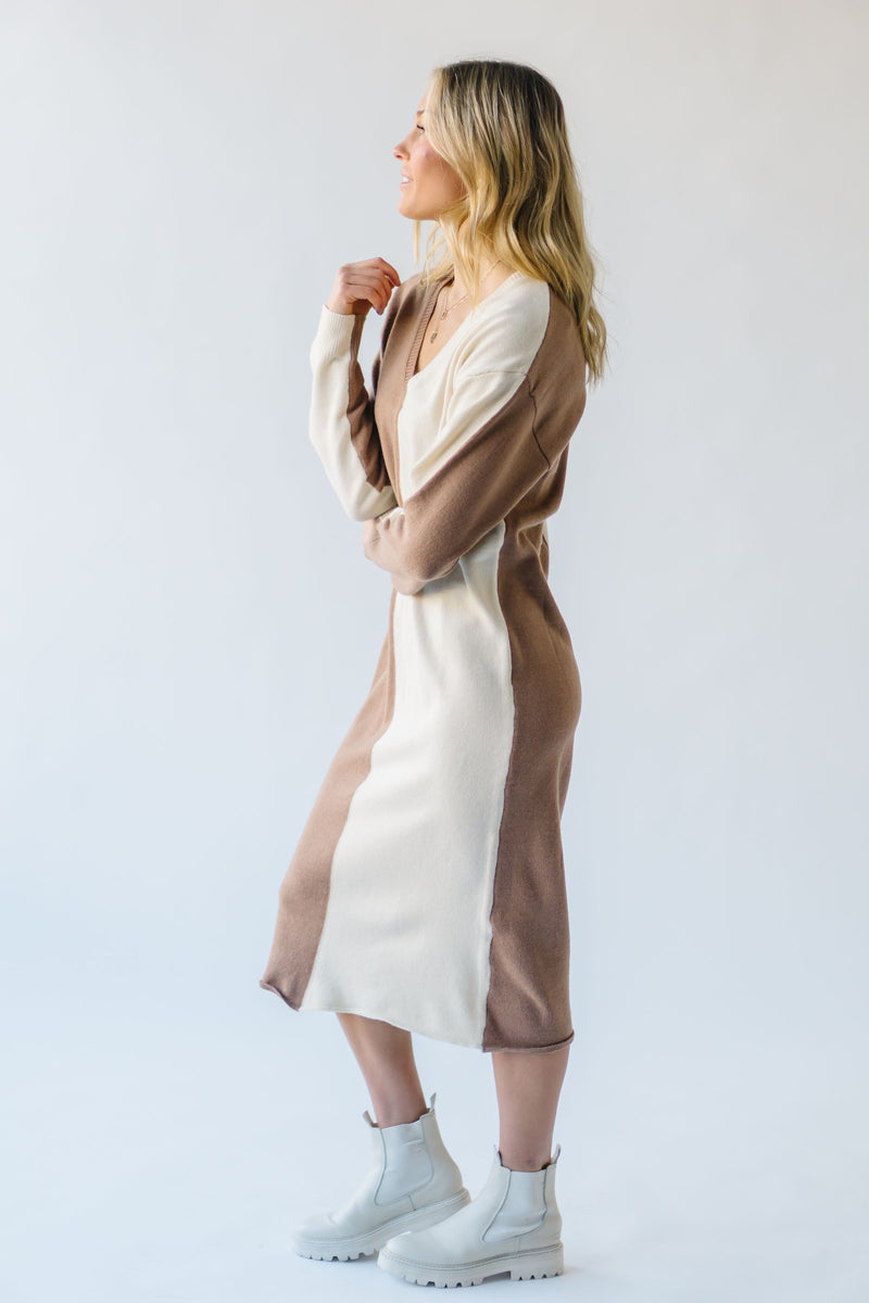 The Lystrup Two-Tone Sweater Dress in Mocha + Cream