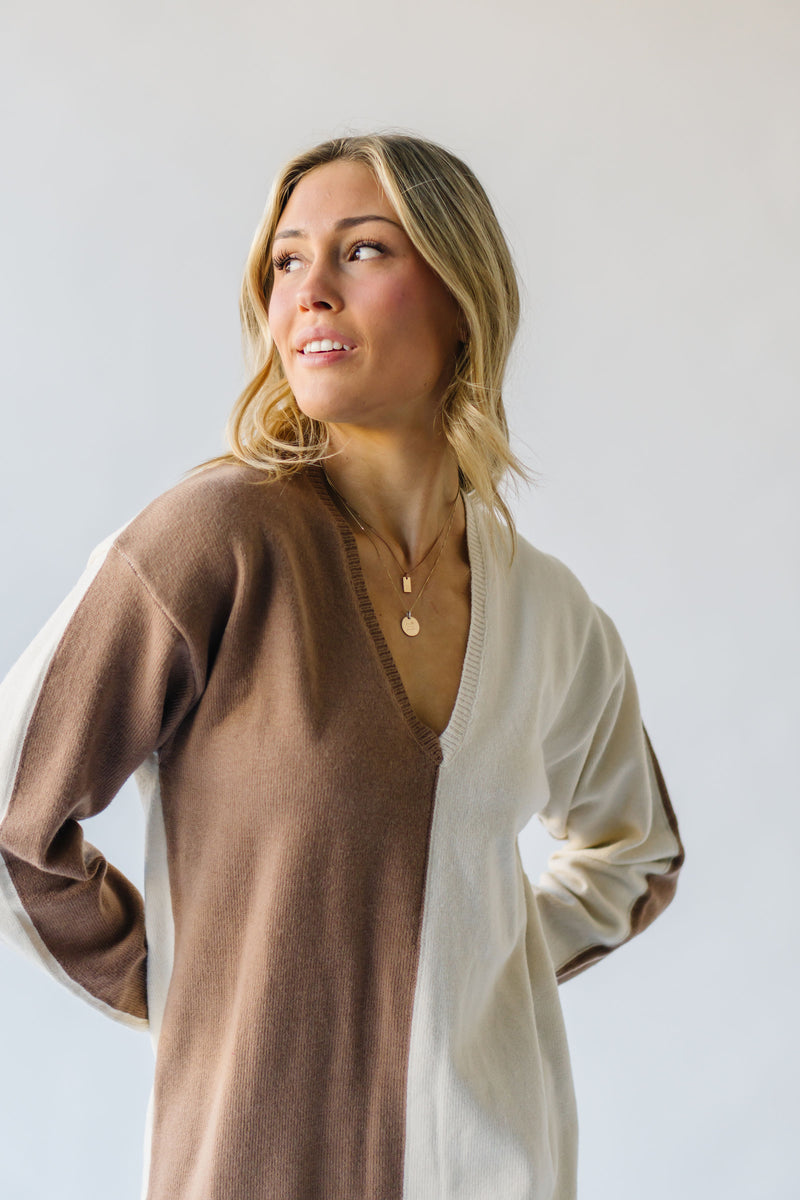 The Lystrup Two-Tone Sweater Dress in Mocha + Cream