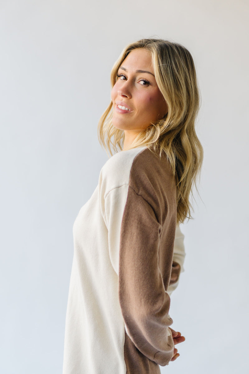 The Lystrup Two-Tone Sweater Dress in Mocha + Cream