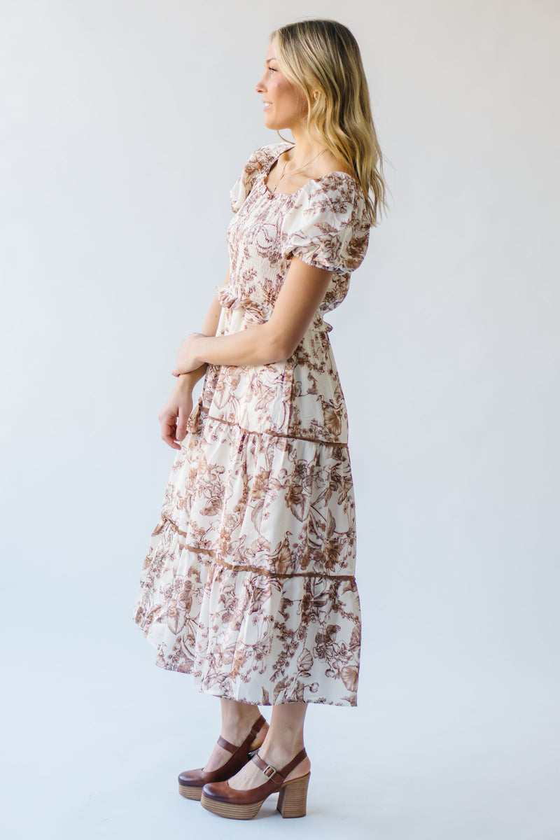 The Jinny Tiered Satin Midi Dress in Botanical Brown