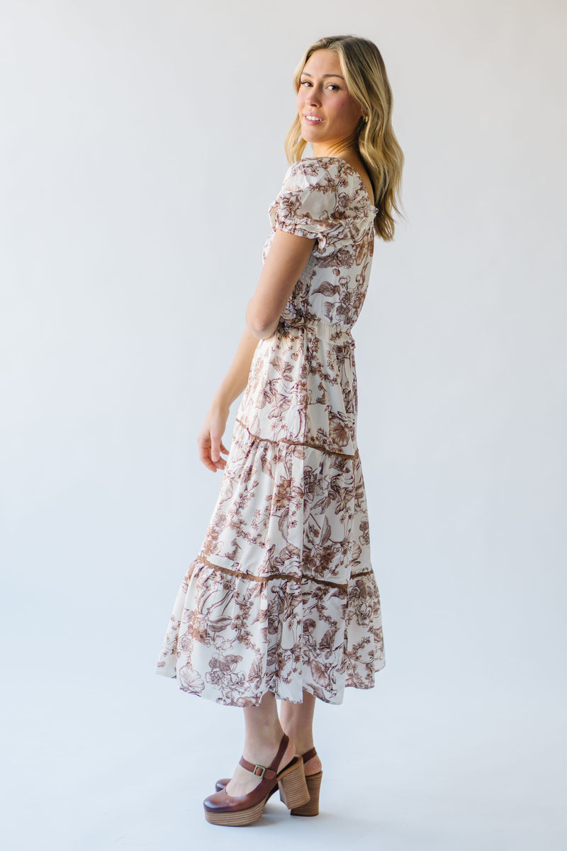 The Jinny Tiered Satin Midi Dress in Botanical Brown