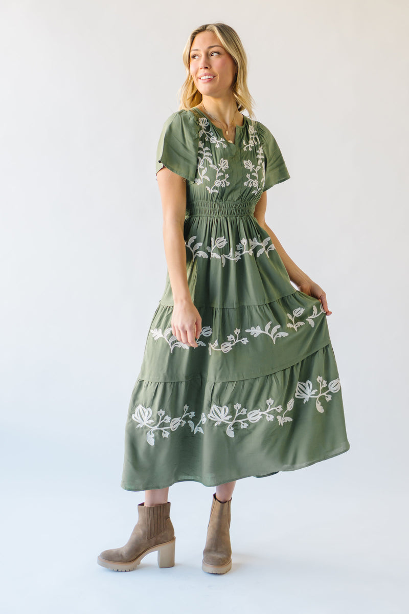 The Radford Embroidered Maxi Dress in Olive