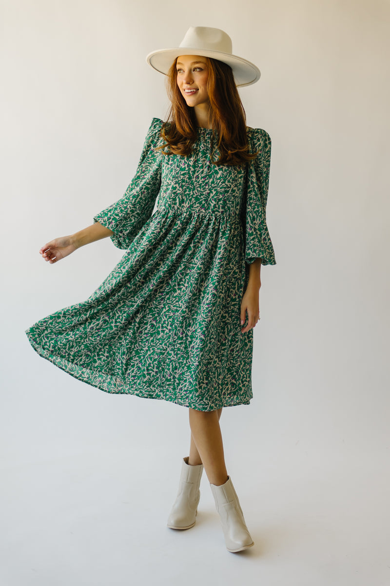 The Raton Patterned Bubble Sleeve Dress in Green