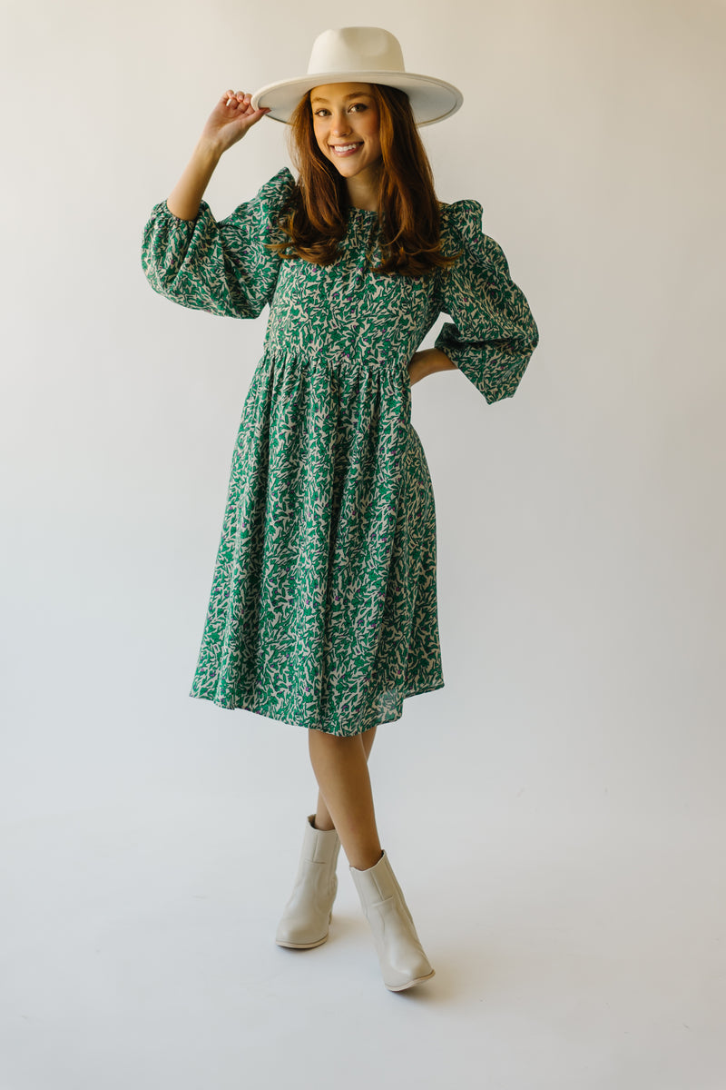 The Raton Patterned Bubble Sleeve Dress in Green
