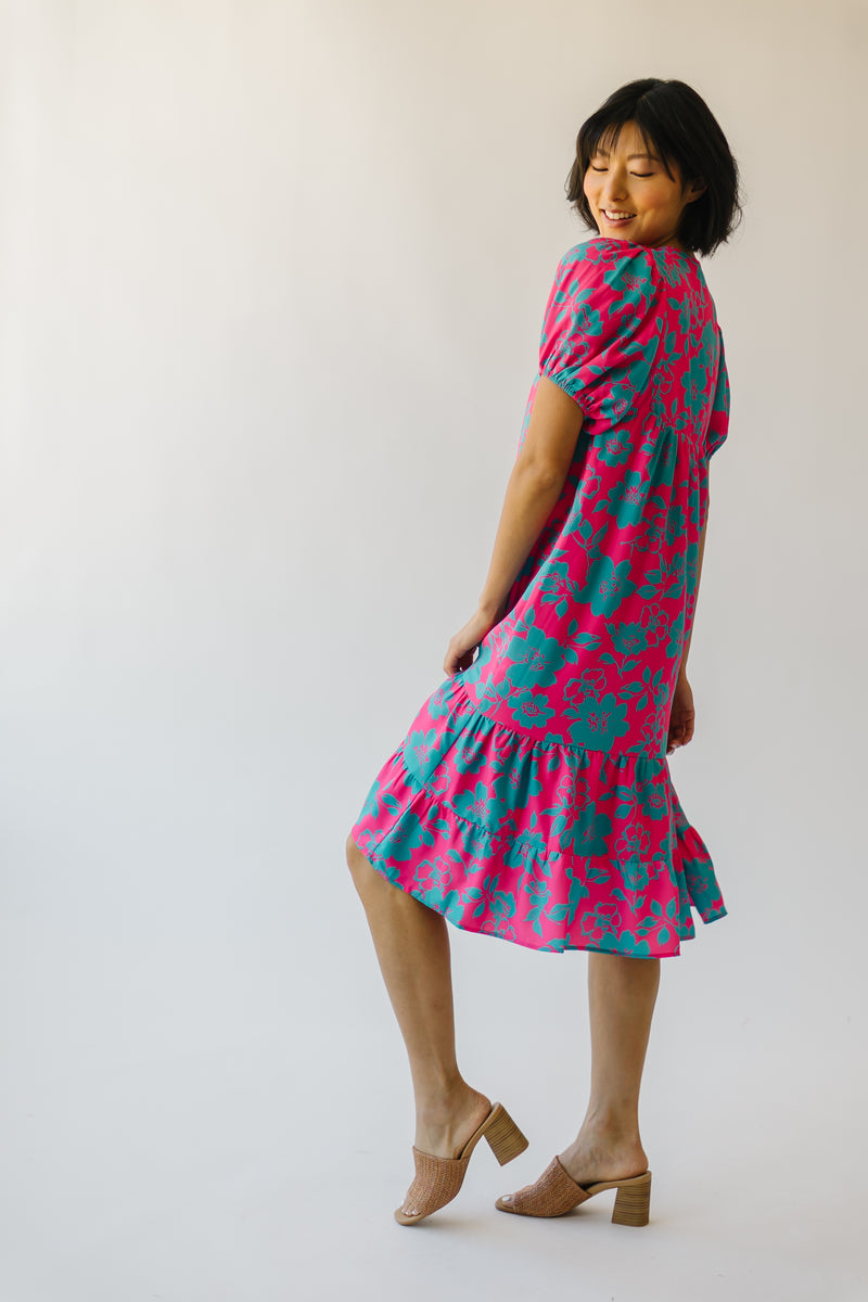 The Magdalena Smocked Detail Floral Dress in Fuchsia