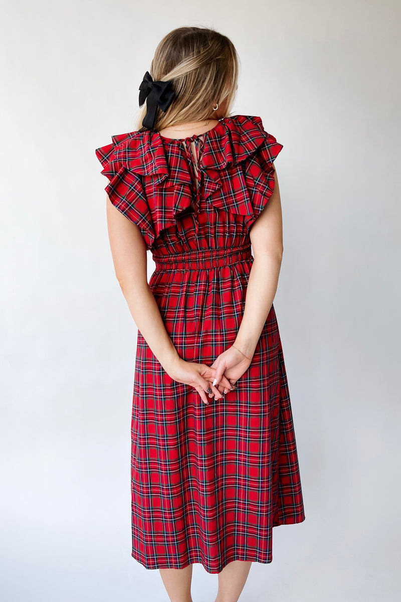 The Anya Plaid Tie Detail Midi Dress in Red Multi