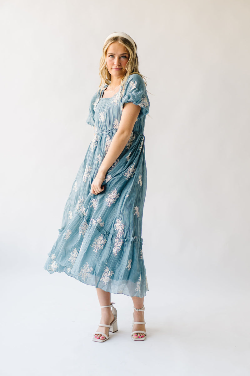 The Bamberg Embroidered Bubble Sleeve Dress in Dusty Blue