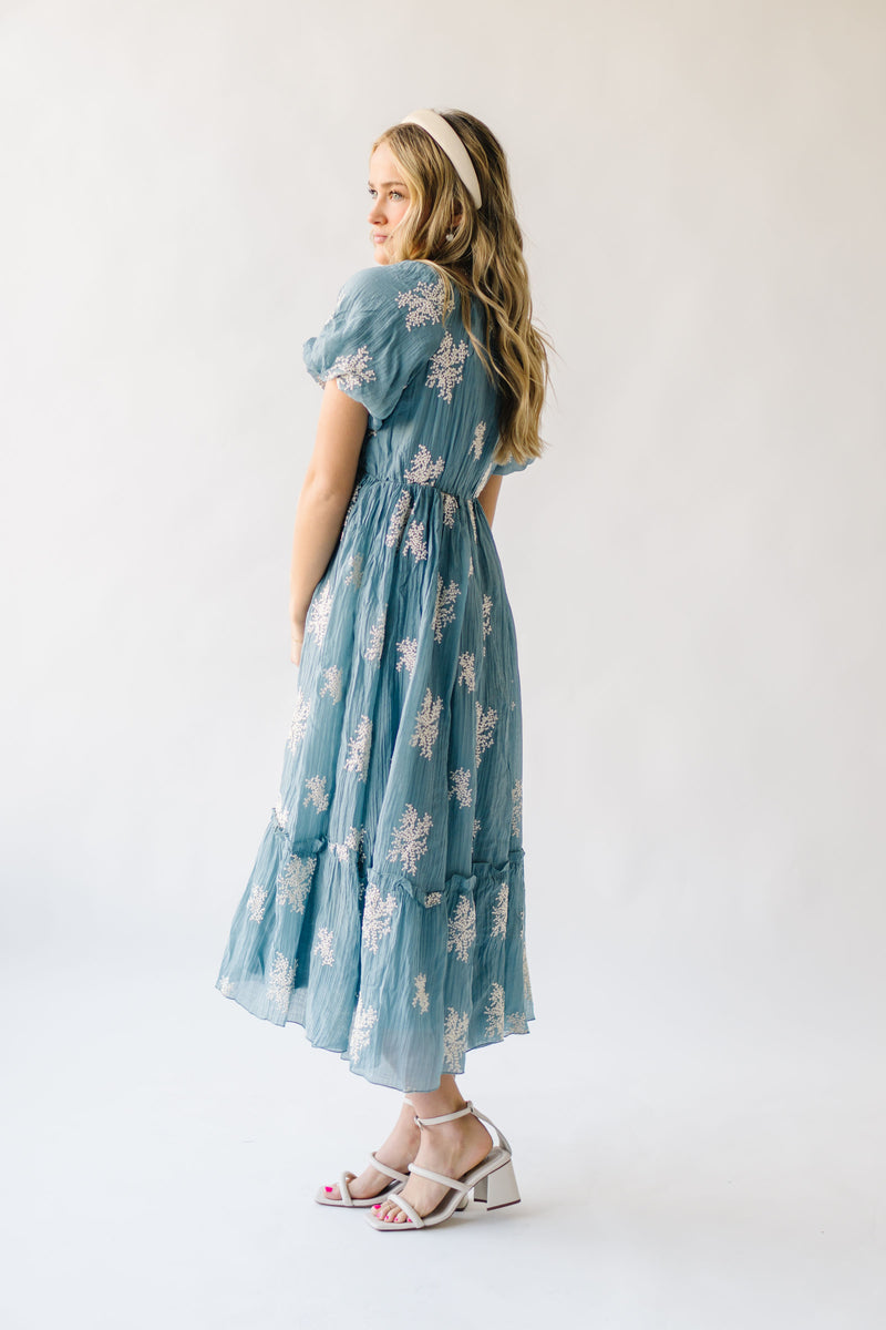 The Bamberg Embroidered Bubble Sleeve Dress in Dusty Blue