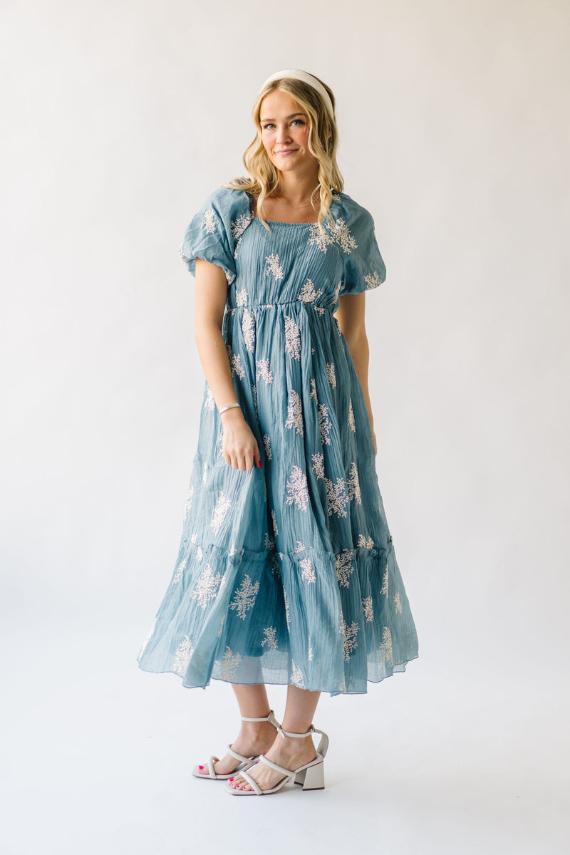 The Bamberg Embroidered Bubble Sleeve Dress in Dusty Blue