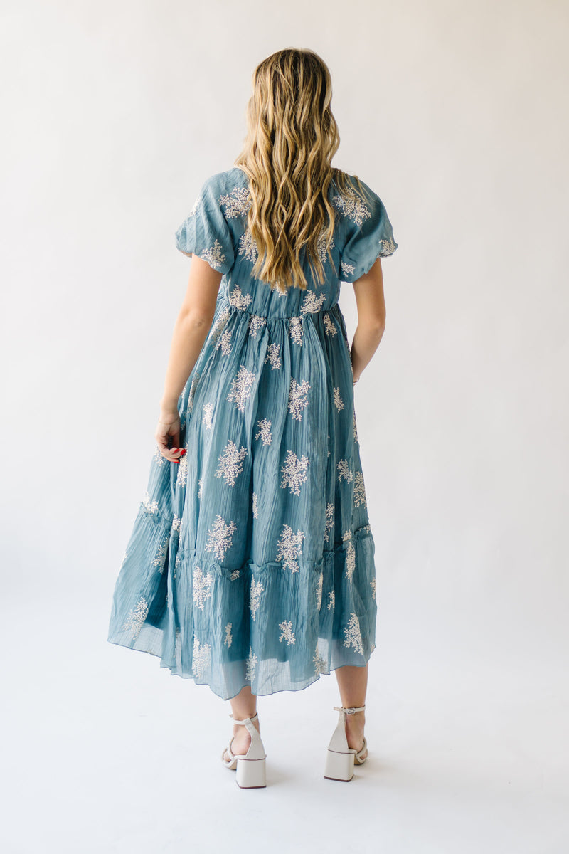 The Bamberg Embroidered Bubble Sleeve Dress in Dusty Blue