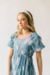 The Bamberg Embroidered Bubble Sleeve Dress in Dusty Blue