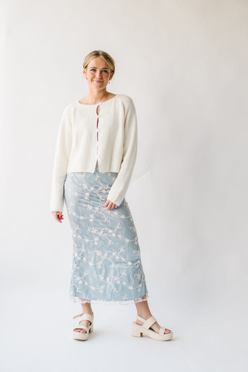 The Malino Embroidered Silk Maxi Skirt in Cream + Blue