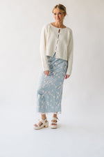 The Malino Embroidered Silk Maxi Skirt in Cream + Blue