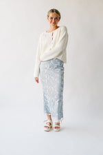 The Malino Embroidered Silk Maxi Skirt in Cream + Blue