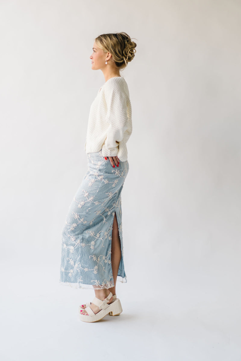 The Malino Embroidered Silk Maxi Skirt in Cream + Blue