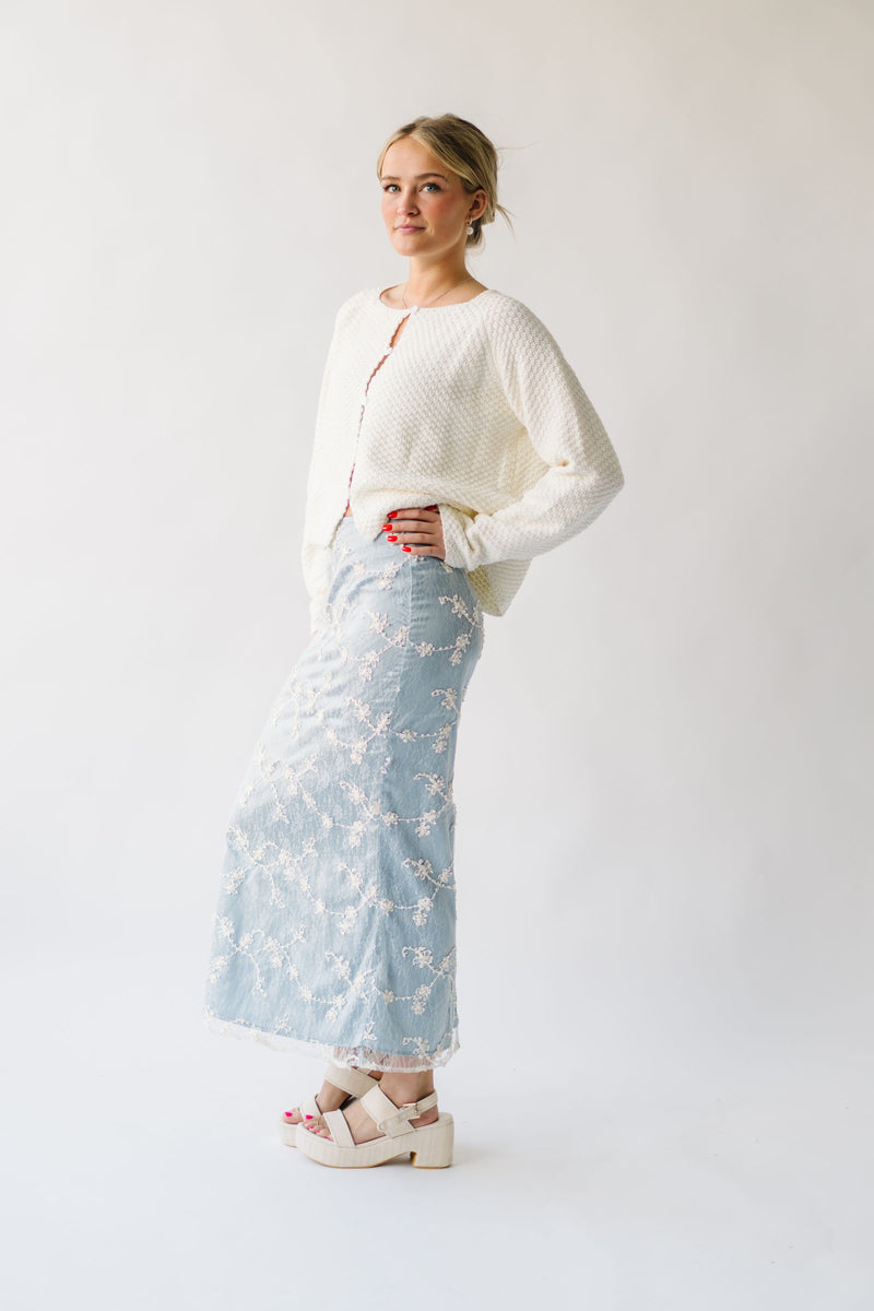 The Malino Embroidered Silk Maxi Skirt in Cream + Blue