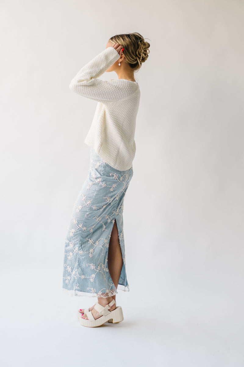 The Malino Embroidered Silk Maxi Skirt in Cream + Blue