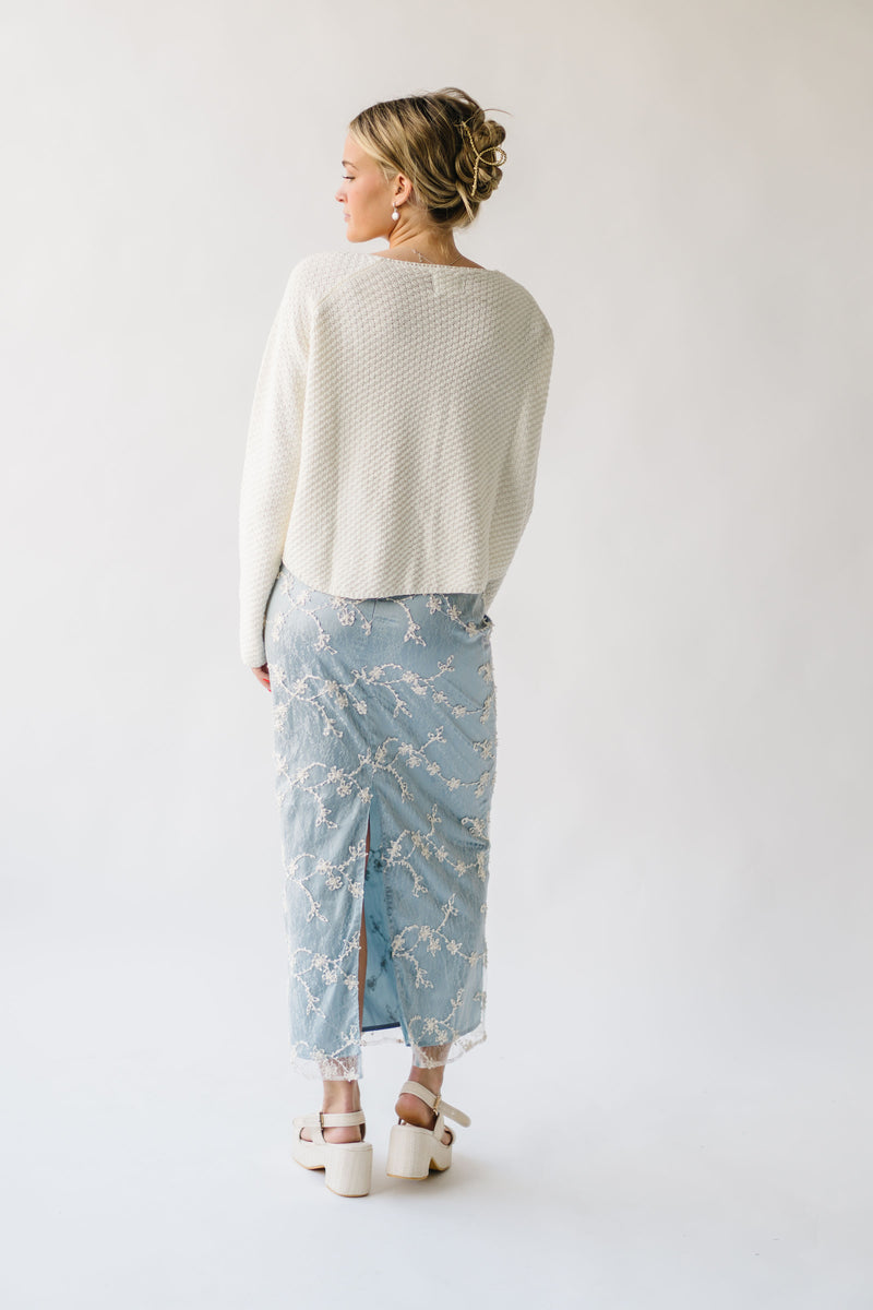 The Malino Embroidered Silk Maxi Skirt in Cream + Blue